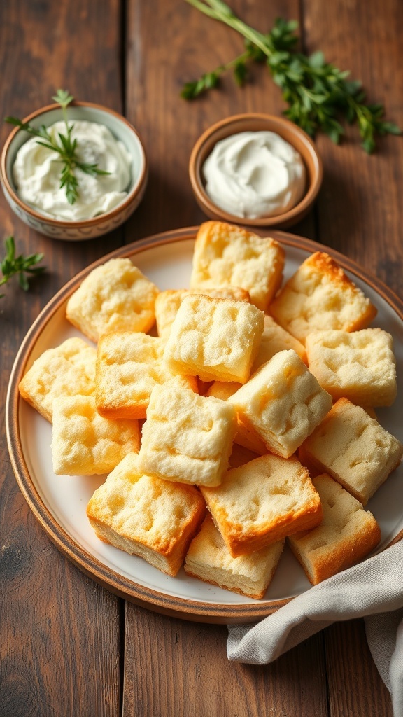 Simple 3-Ingredient Cloud Bread Recipe Fluffy cloud bread pieces on a plate, with a light texture and golden color, on a rustic wooden table.